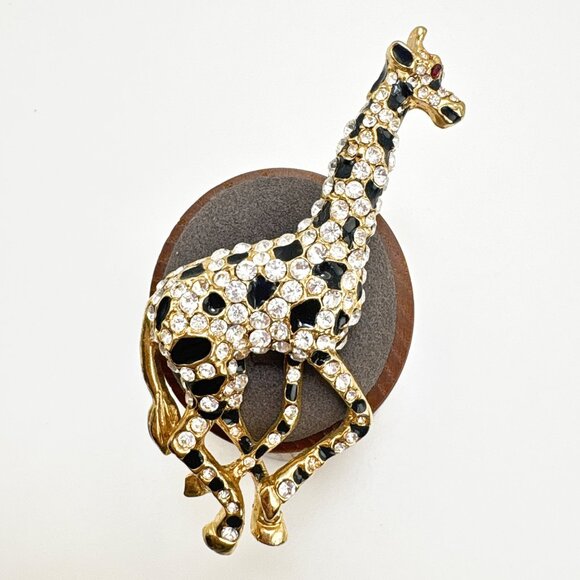 Gold Tone White Crystal & Black Enamel Giraffe Brooch Size 3.5" Length - Picture 1 of 11